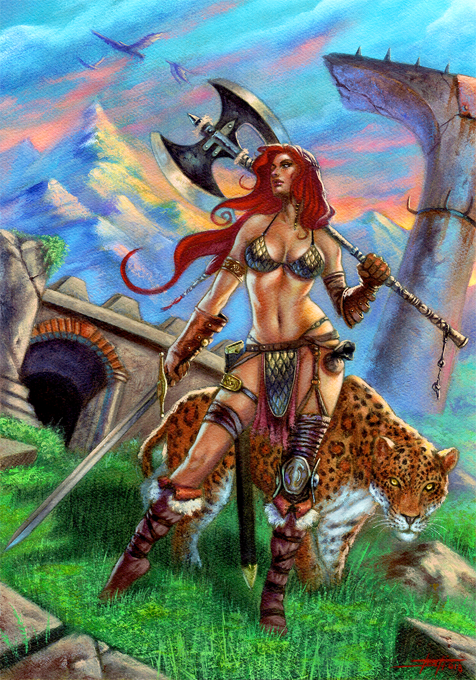 STAMPA ARTISTICA "RED SONJA E IL GIAGUARO " BY LUCA STRATI