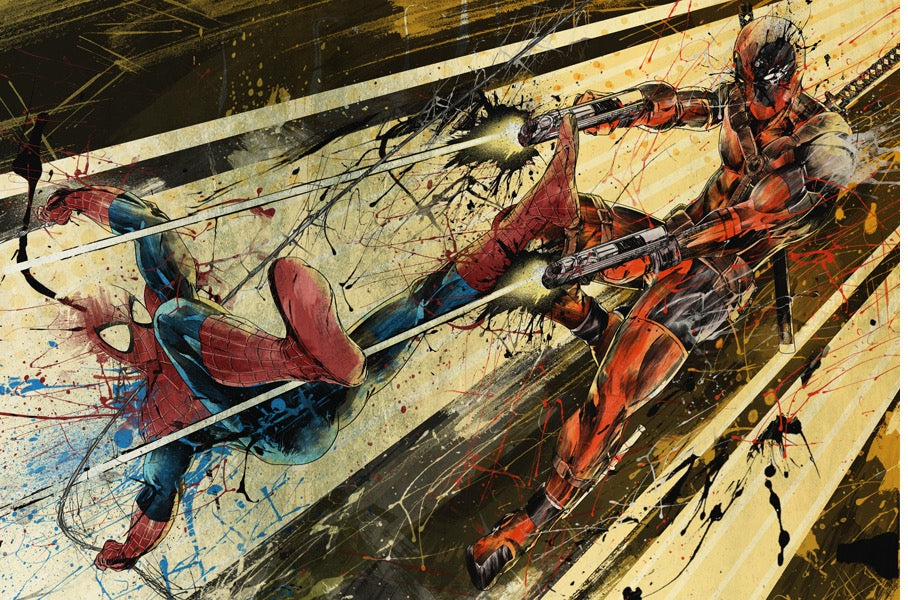 SPIDERMAN VS DEADPOOL   TRIPTYCH “SMACKDOWN SET” by John Valderrama